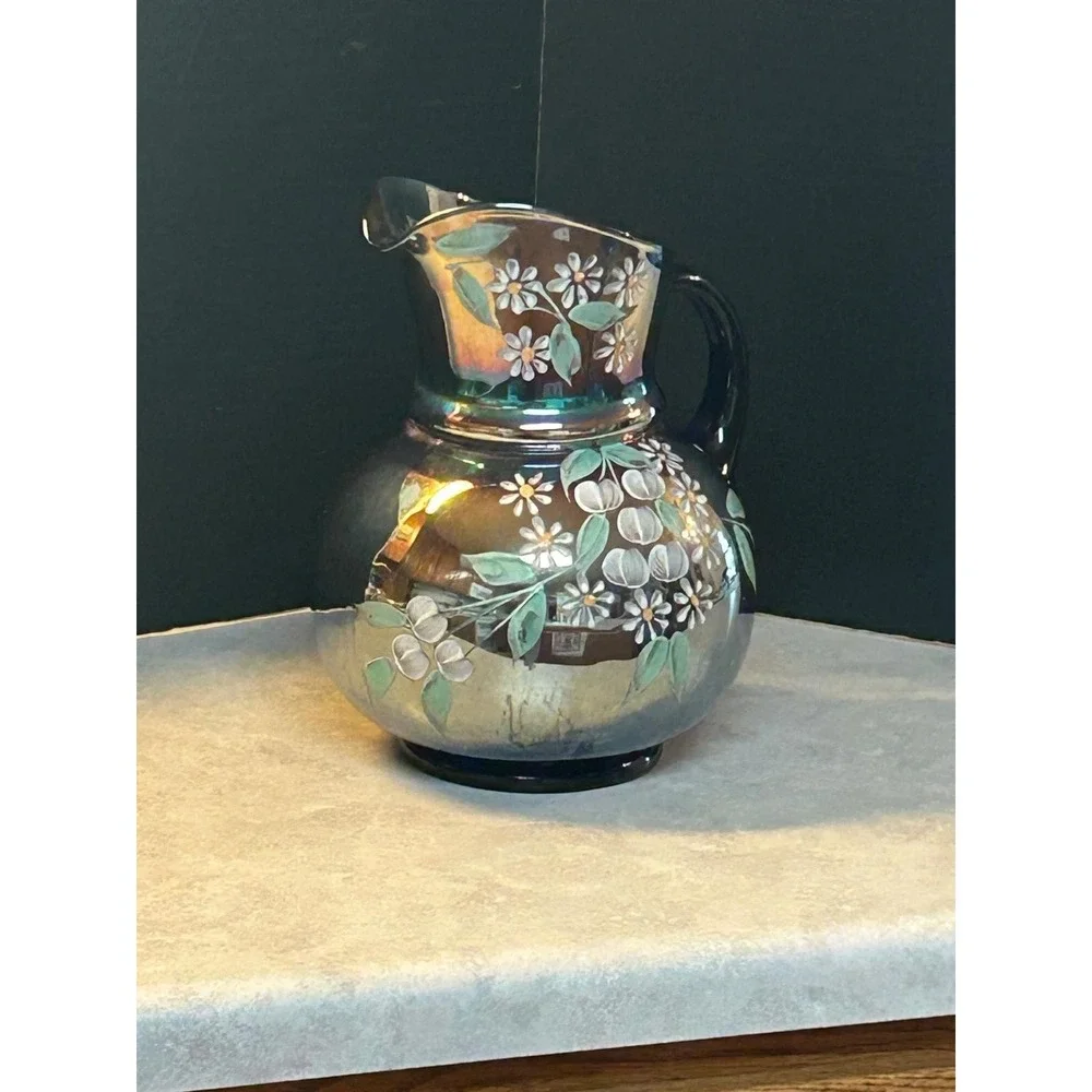 Northwood Cobalt Blue Iridescent Carnival Glass Enameled Cherries Pitcher 10